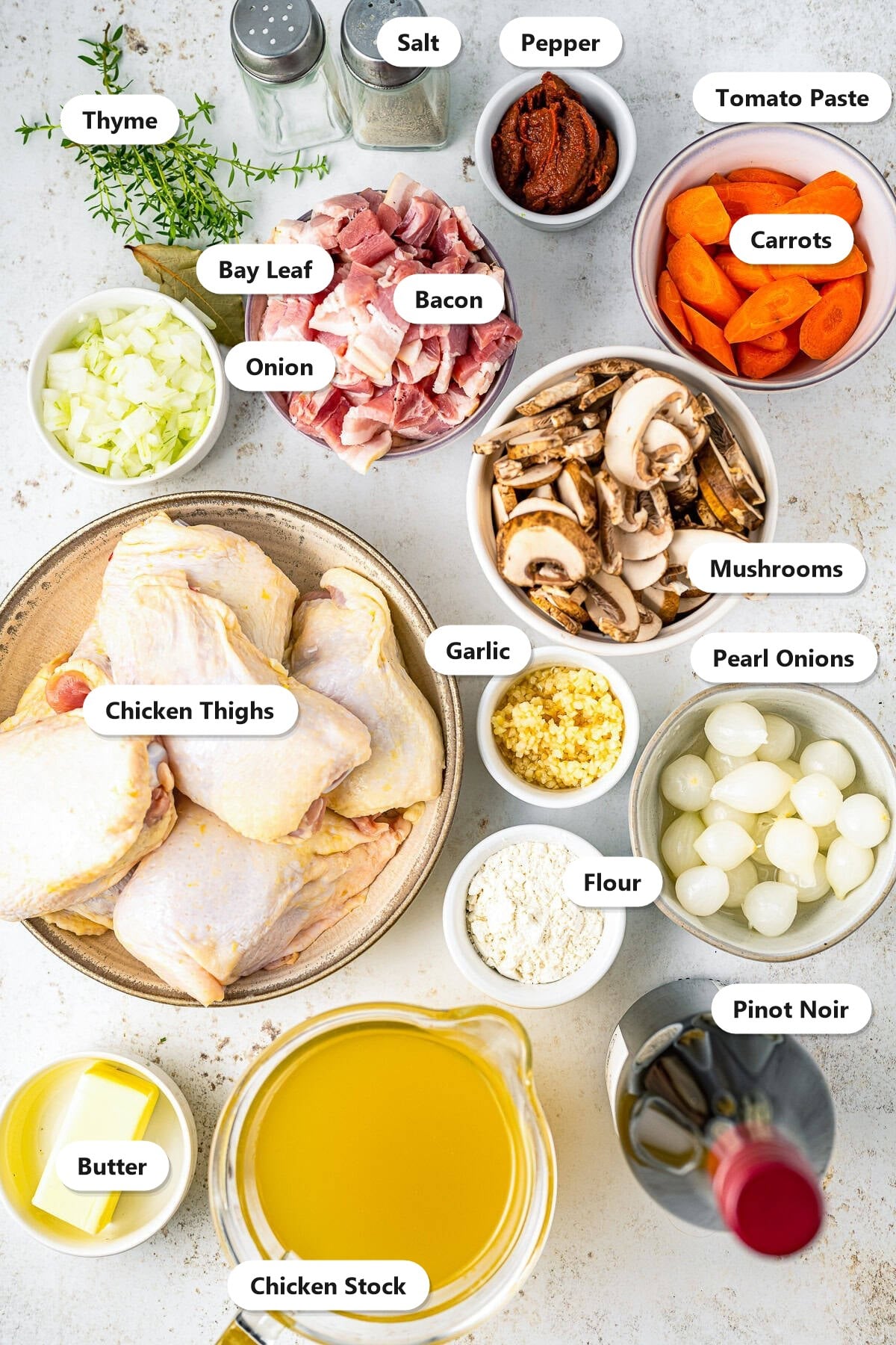 Labeled coq au vin ingredients including chicken thighs, bacon, carrots, mushrooms, pearl onions, onion, thyme, bay leaf, Pinot Noir, and chicken stock.