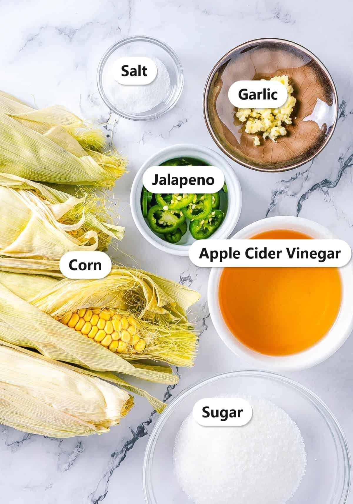 Labeled ingredients needed to make Corn Relish.