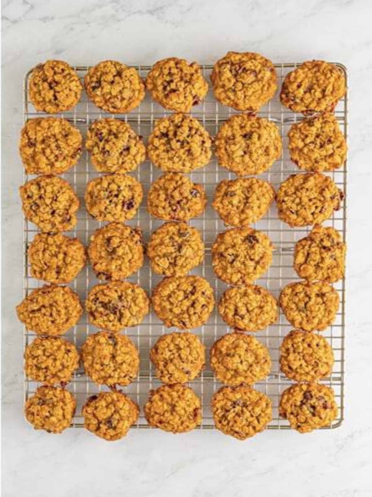 Baked cranberry oatmeal cookies cooling on a wire rack.