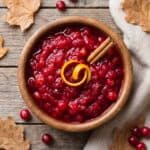 An overhead wooden bowl of homemade cranberry sauce with a cinnamon stick and orange peel, fall styling.