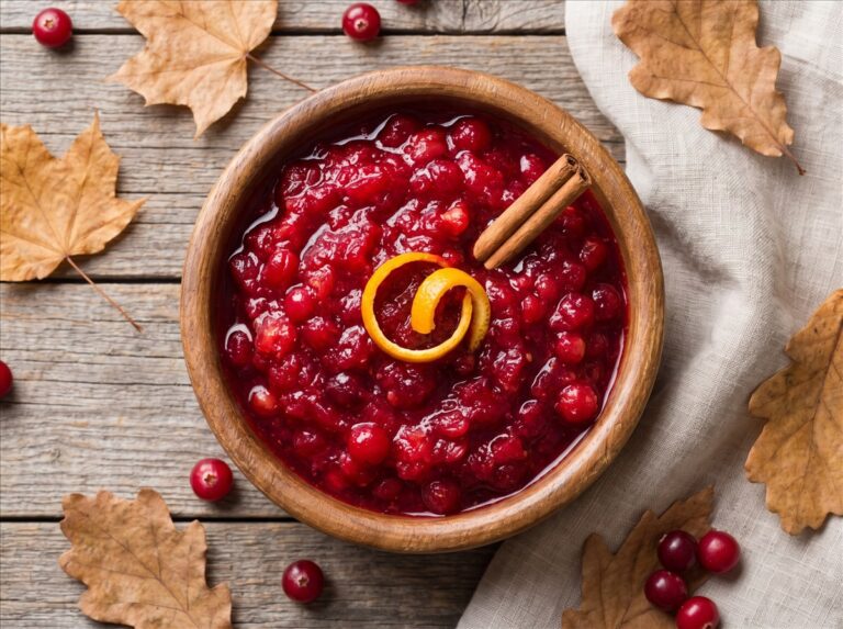 An overhead wooden bowl of homemade cranberry sauce with a cinnamon stick and orange peel, fall styling.