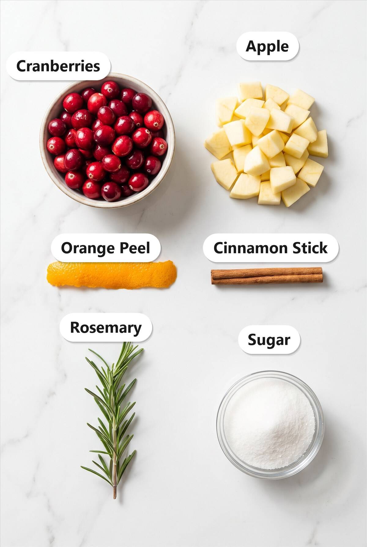 Labeled ingredients for cranberry sauce including fresh cranberries, diced apple, orange peel, cinnamon stick, rosemary, and sugar.