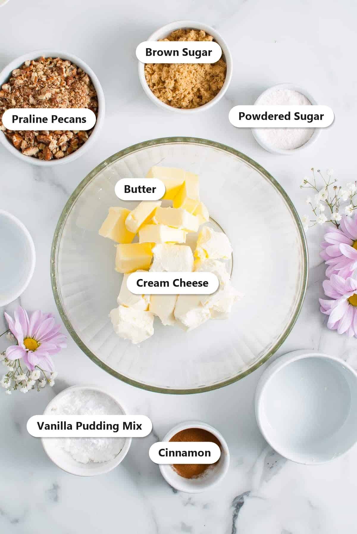 Ingredients to make a dessert cream cheese ball including cream cheese, butter, powdered sugar, brown sugar, vanilla pudding mix, cinnamon, and praline pecans.