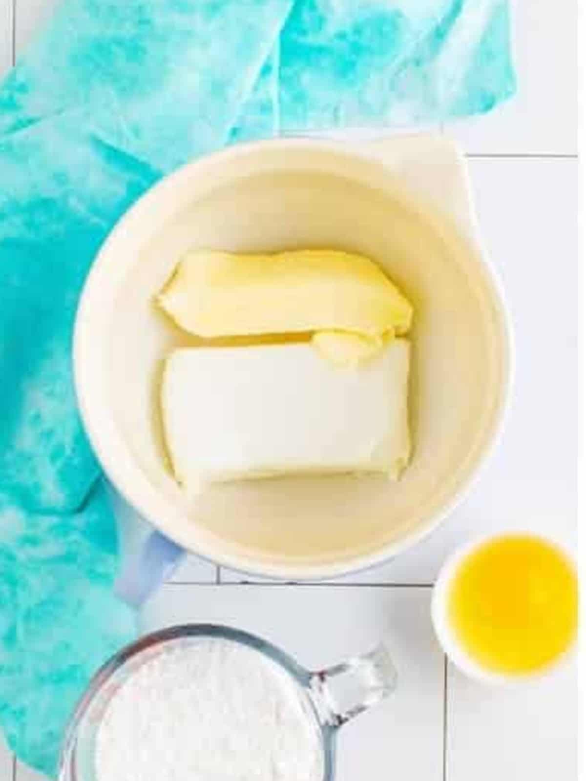 Softened cream cheese and butter beaten together until smooth in a mixing bowl.