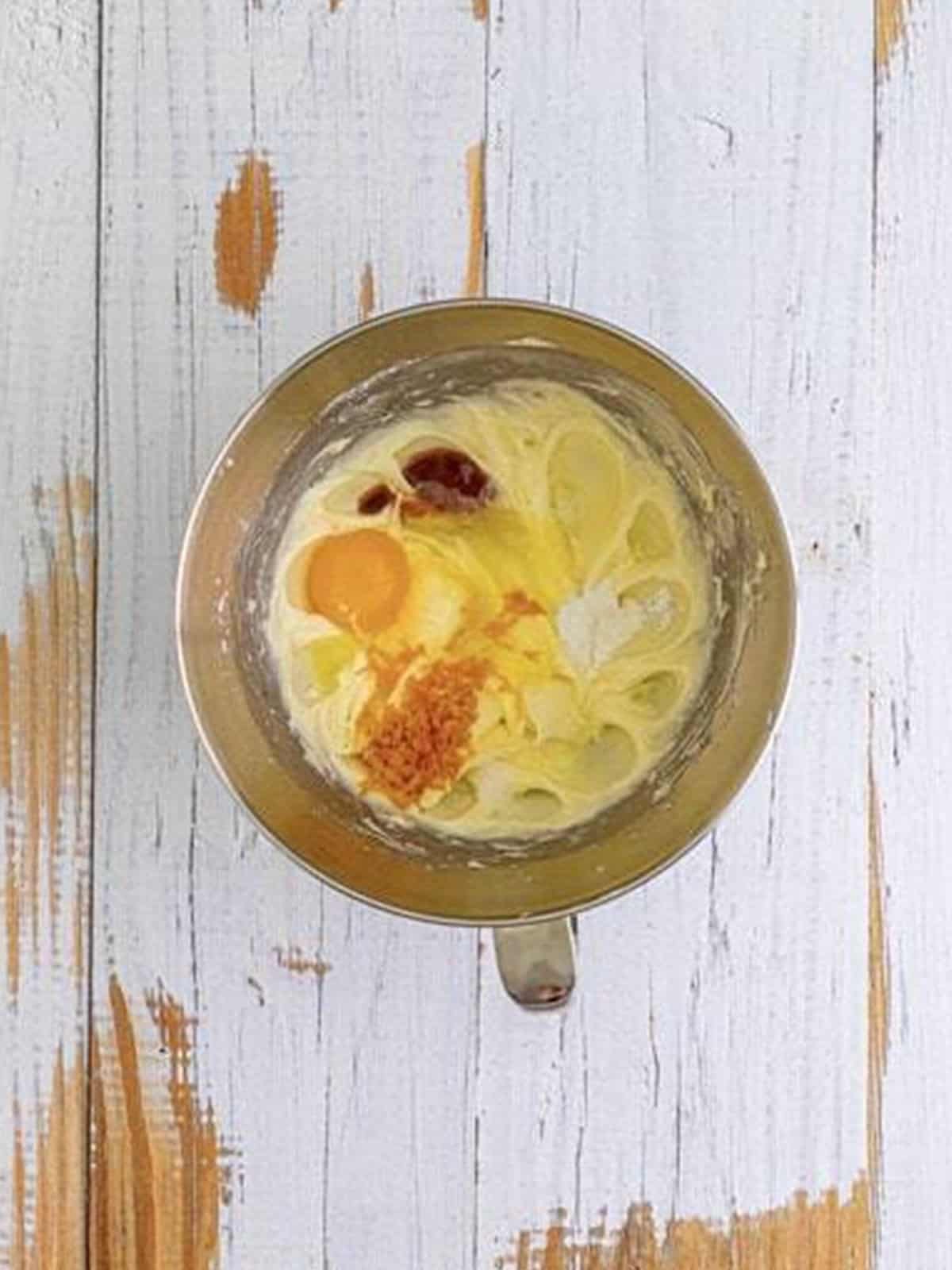 Egg, orange zest, and extracts added to the creamsicle cookie dough.