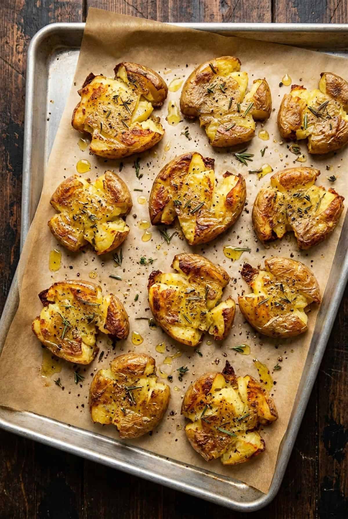 Crispy golden Smashed Potatoes on a parchment lined sheet pan fresh from the oven.
