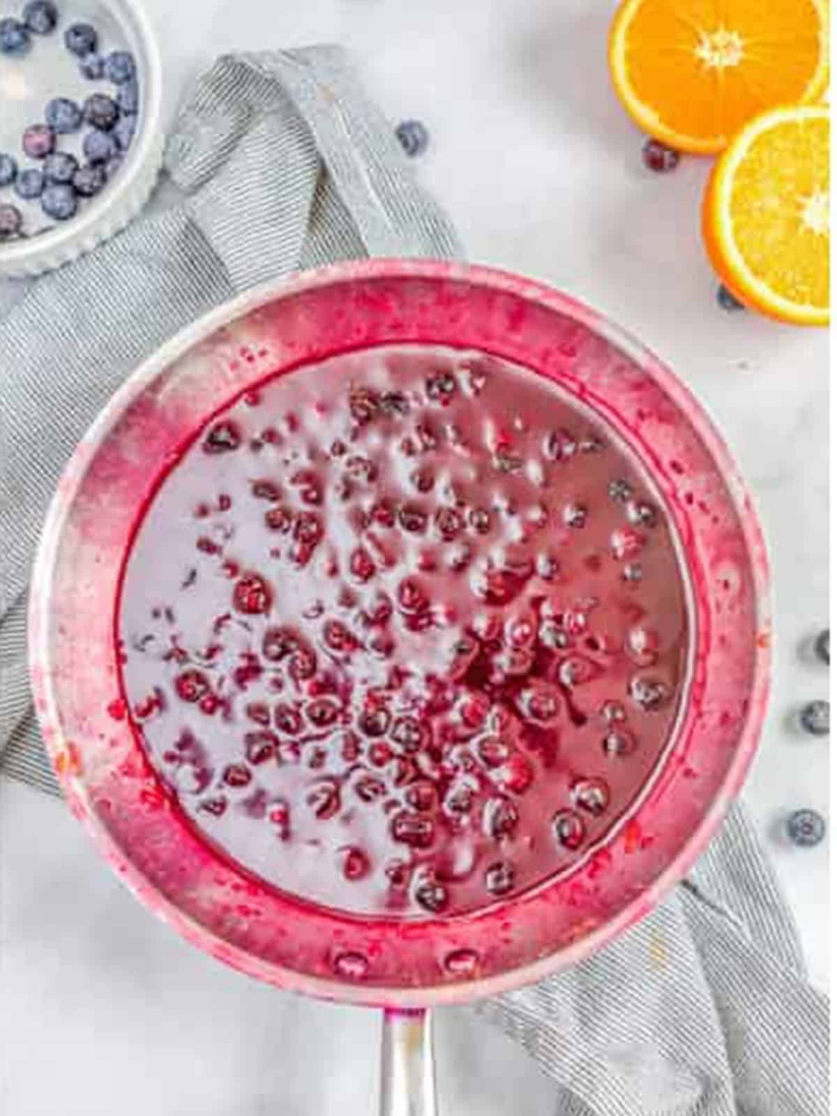 Thickened blueberry orange sauce to spoon over croissant french toast.