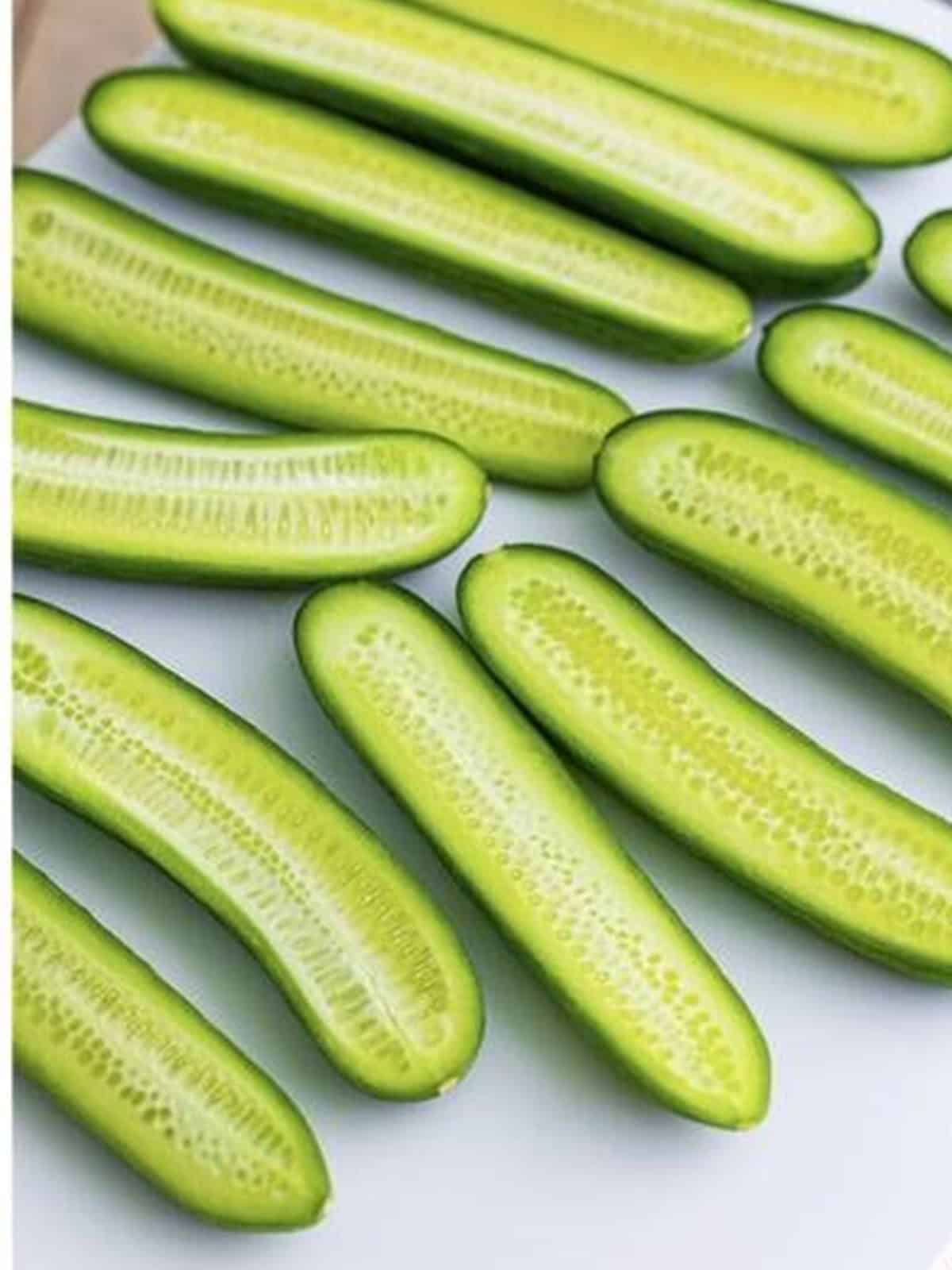 Mini cucumbers sliced in half lengthwise to make cucumber boats.