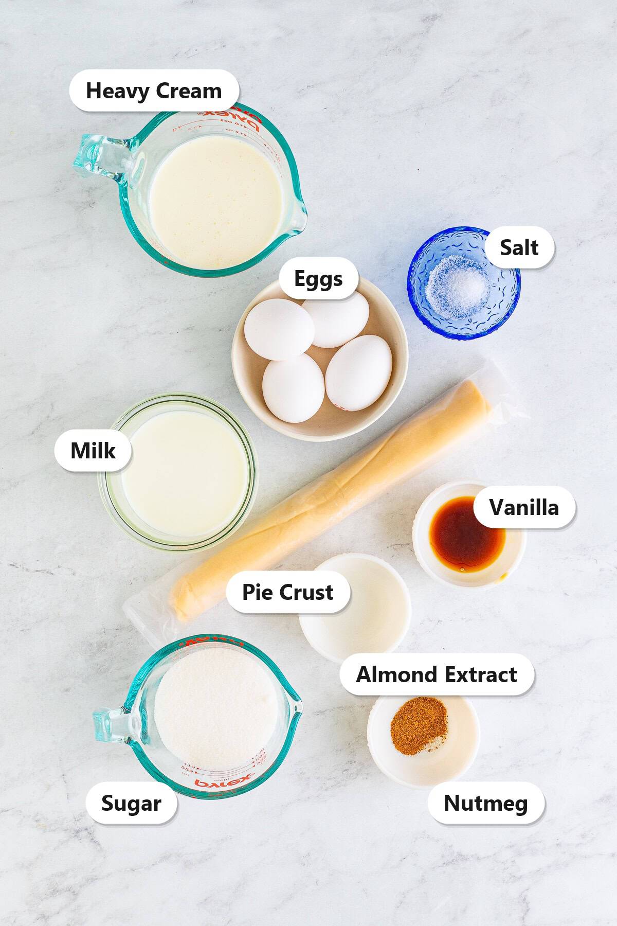 Labeled ingredients for custard pie including pie crust, eggs, heavy cream, milk, sugar, vanilla, almond extract, salt, and nutmeg.