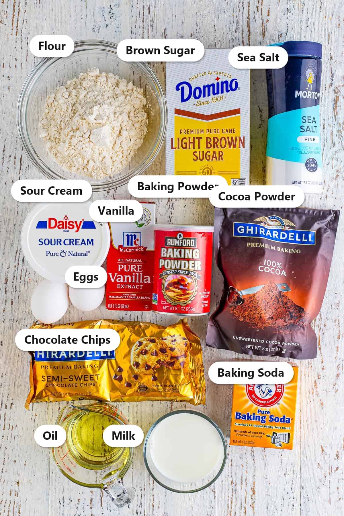 Labeled ingredients for double chocolate muffins including flour, brown sugar, cocoa powder, chocolate chips, sour cream, eggs, oil, and milk.