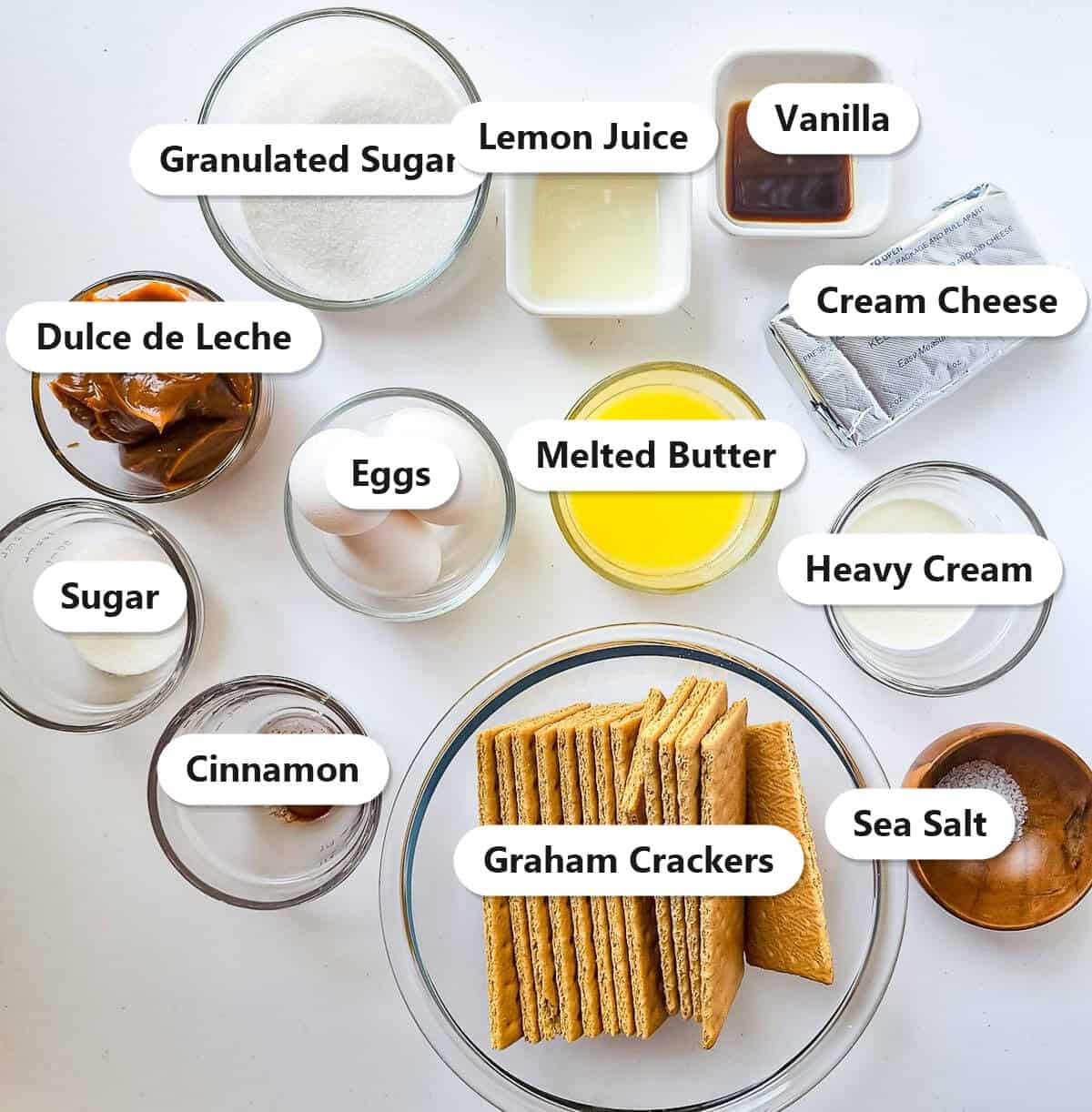 Labeled ingredients for dulce de leche cheesecake including cream cheese, dulce de leche, graham crackers, sugar, eggs, and butter.