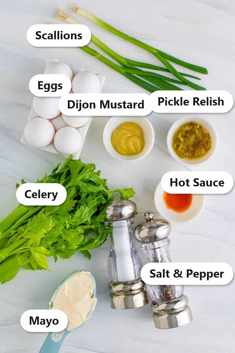 Labeled ingredients for egg salad sandwich including eggs, mayo, dijon mustard, pickle relish, hot sauce, celery, scallions, and salt and pepper.