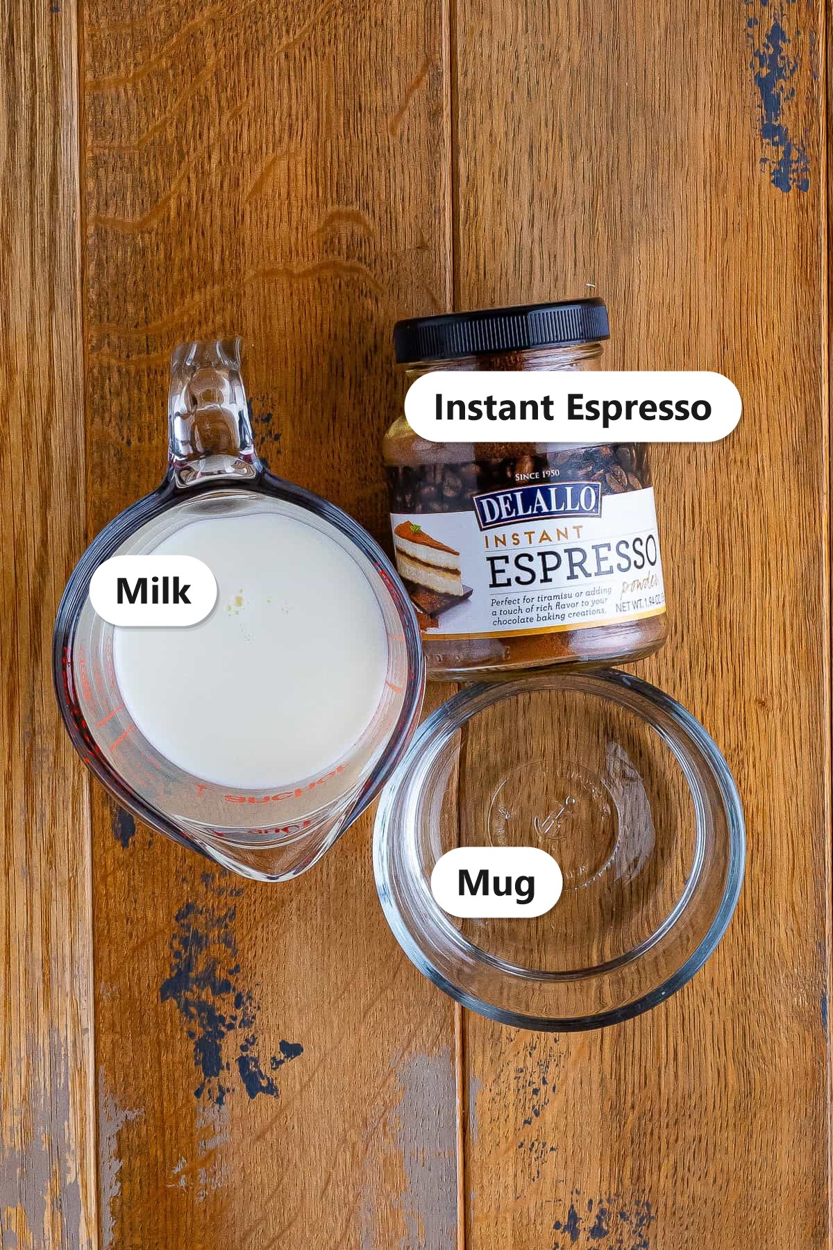 Labeled flat white ingredients including instant espresso powder, milk, and a glass mug