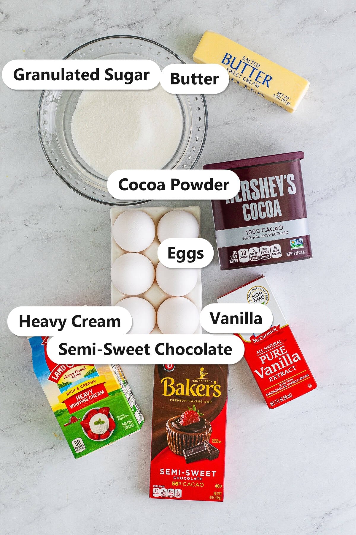 Labeled ingredients for flourless chocolate cake including semi-sweet chocolate, butter, granulated sugar, eggs, vanilla, cocoa powder, and heavy cream.