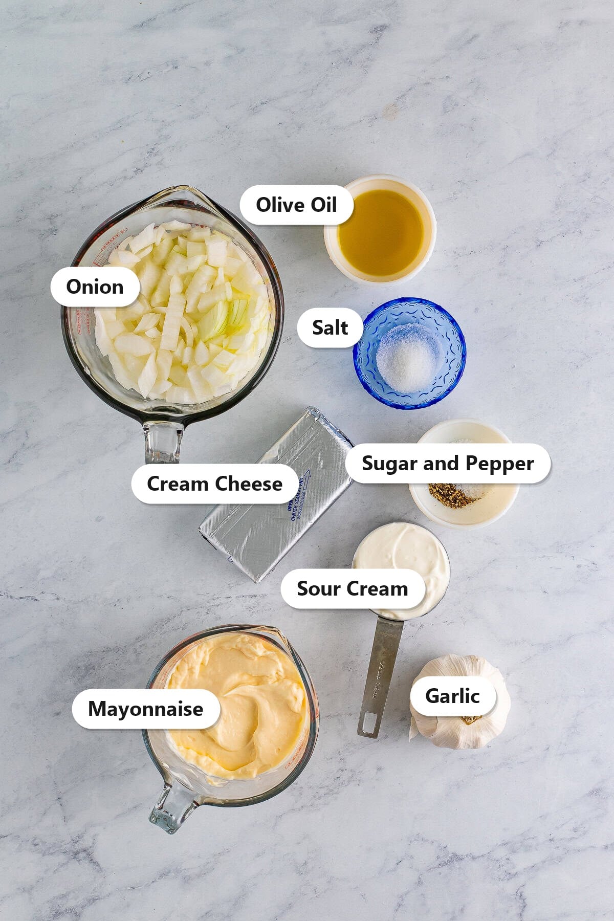 Labeled ingredients to make French onion dip including onion, olive oil, salt, cream cheese, sugar, pepper, sour cream, mayonnaise, and garlic.
