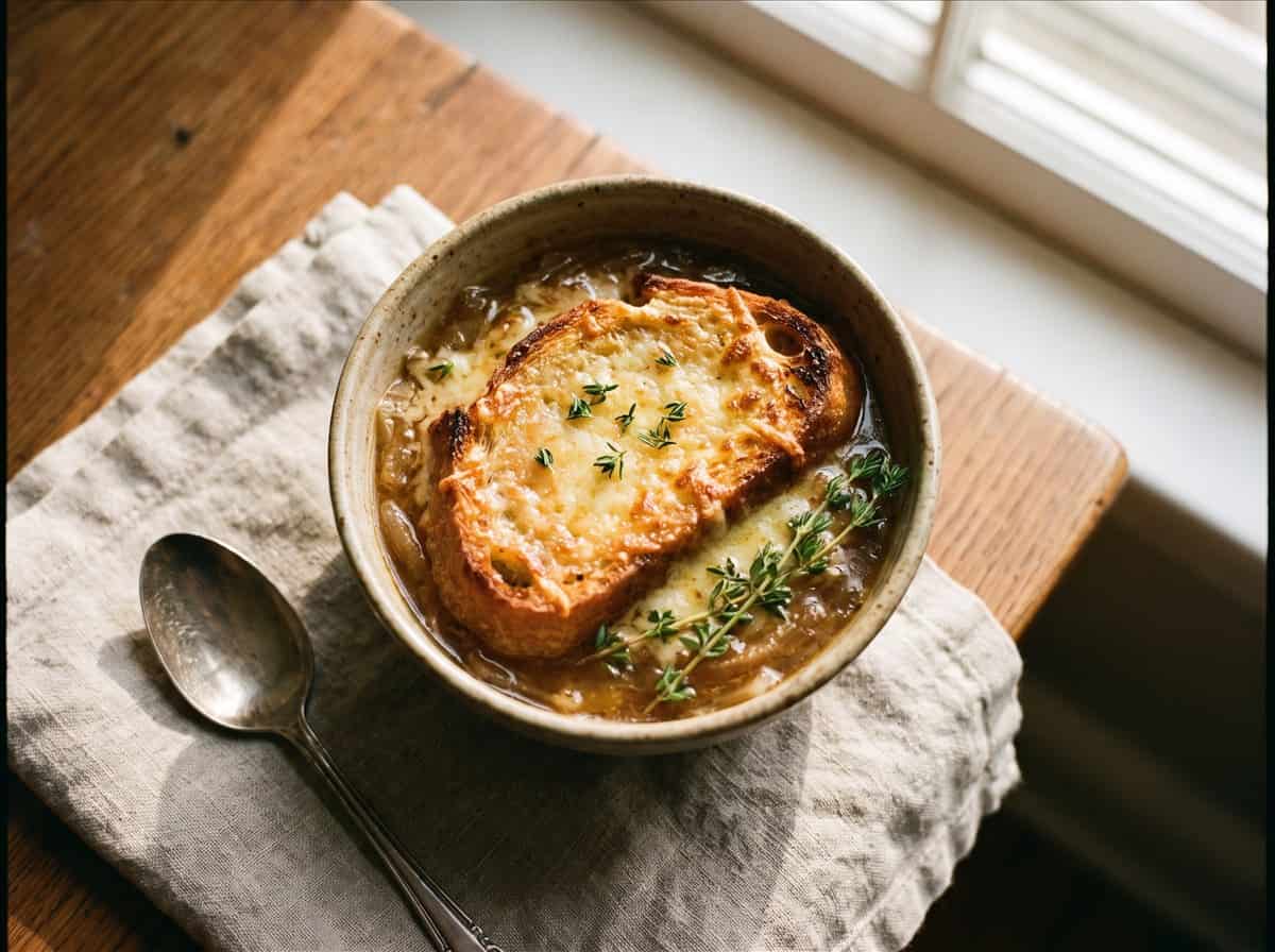 Overhead of a bowl of French onion soup with golden cheese toast and a spoon on a linen napkin.