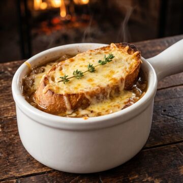 A white ceramic crock of French onion soup topped with broiled gruyere cheese bread and fresh thyme.