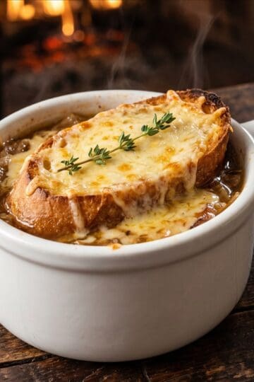 A white ceramic crock of French onion soup topped with broiled gruyere cheese bread and fresh thyme.