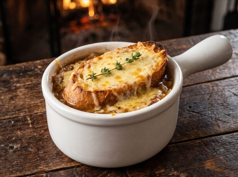 A white ceramic crock of French onion soup topped with broiled gruyere cheese bread and fresh thyme.