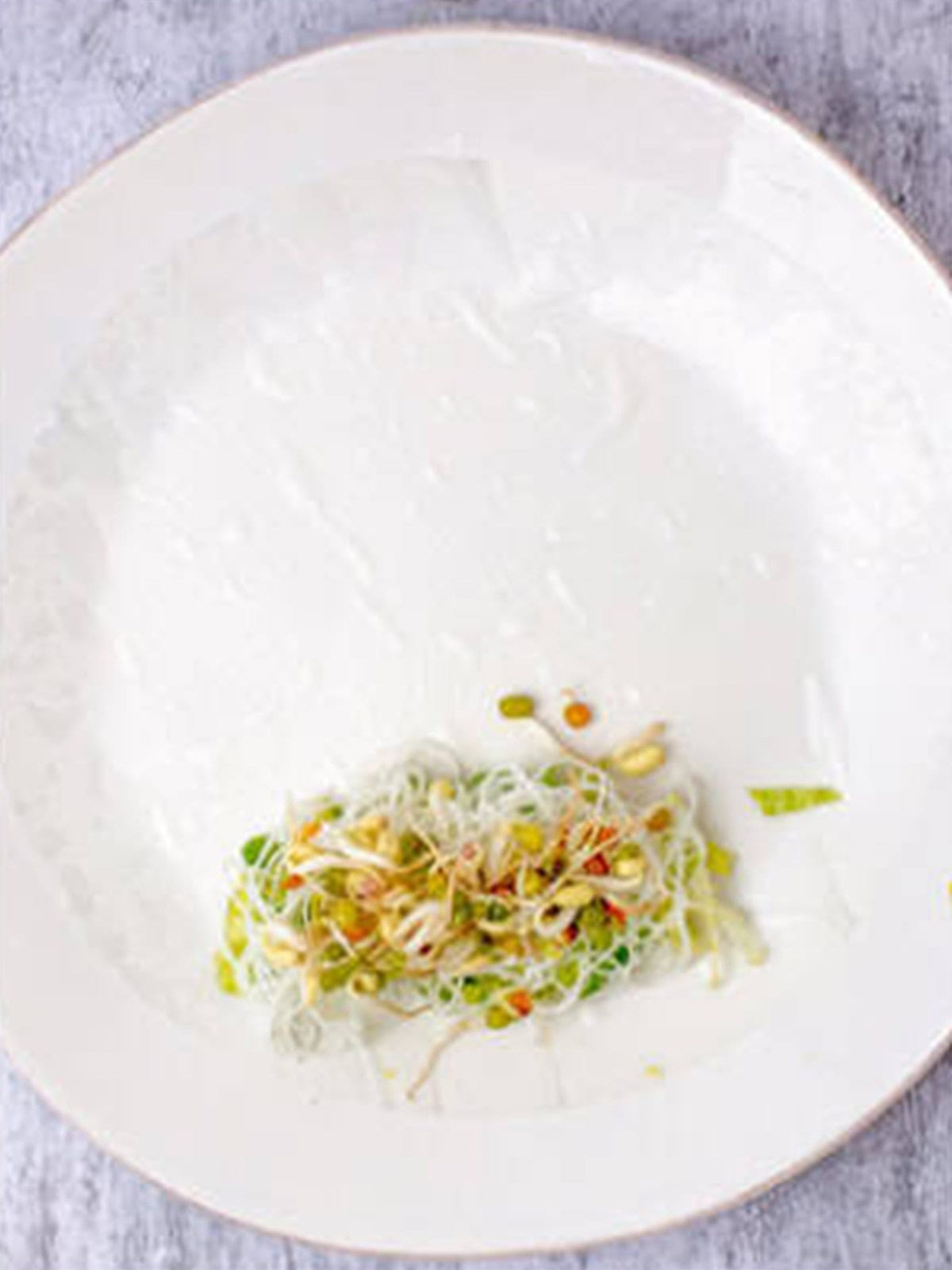 Bean sprouts added on top of noodles and lettuce for fresh spring rolls.