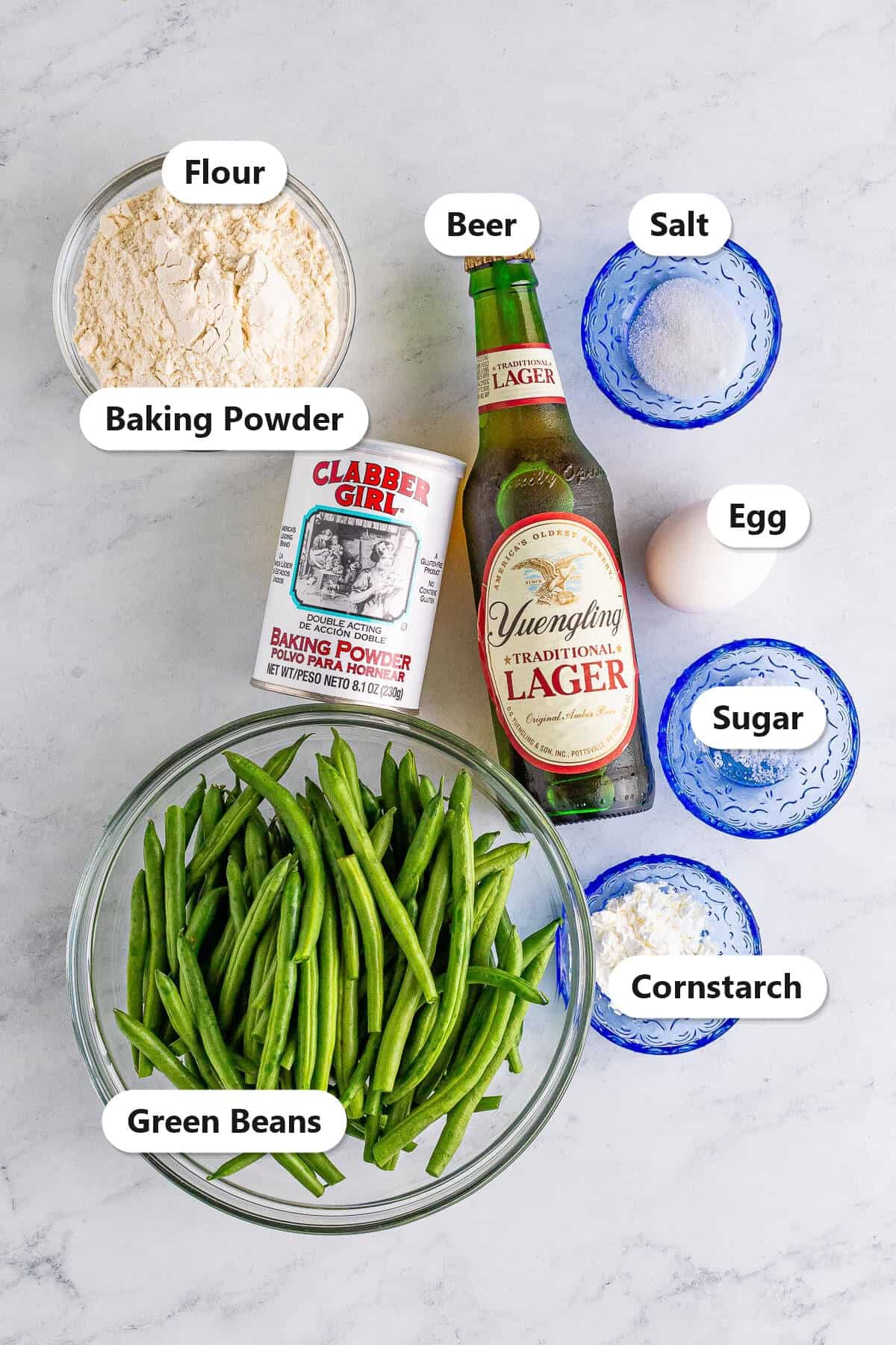 Labeled ingredients for crispy fried green beans including fresh green beans, flour, baking powder, beer, egg, salt, sugar, and cornstarch.