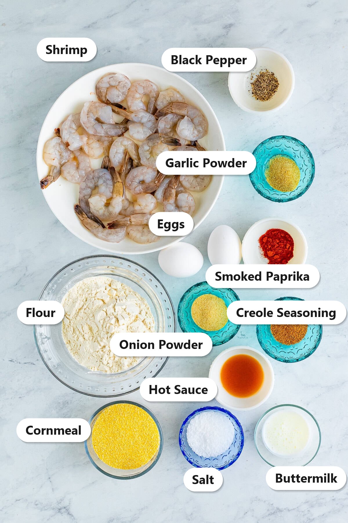Labeled ingredients for Fried Shrimp including shrimp, eggs, buttermilk, hot sauce, flour, cornmeal, creole seasoning, and spices.