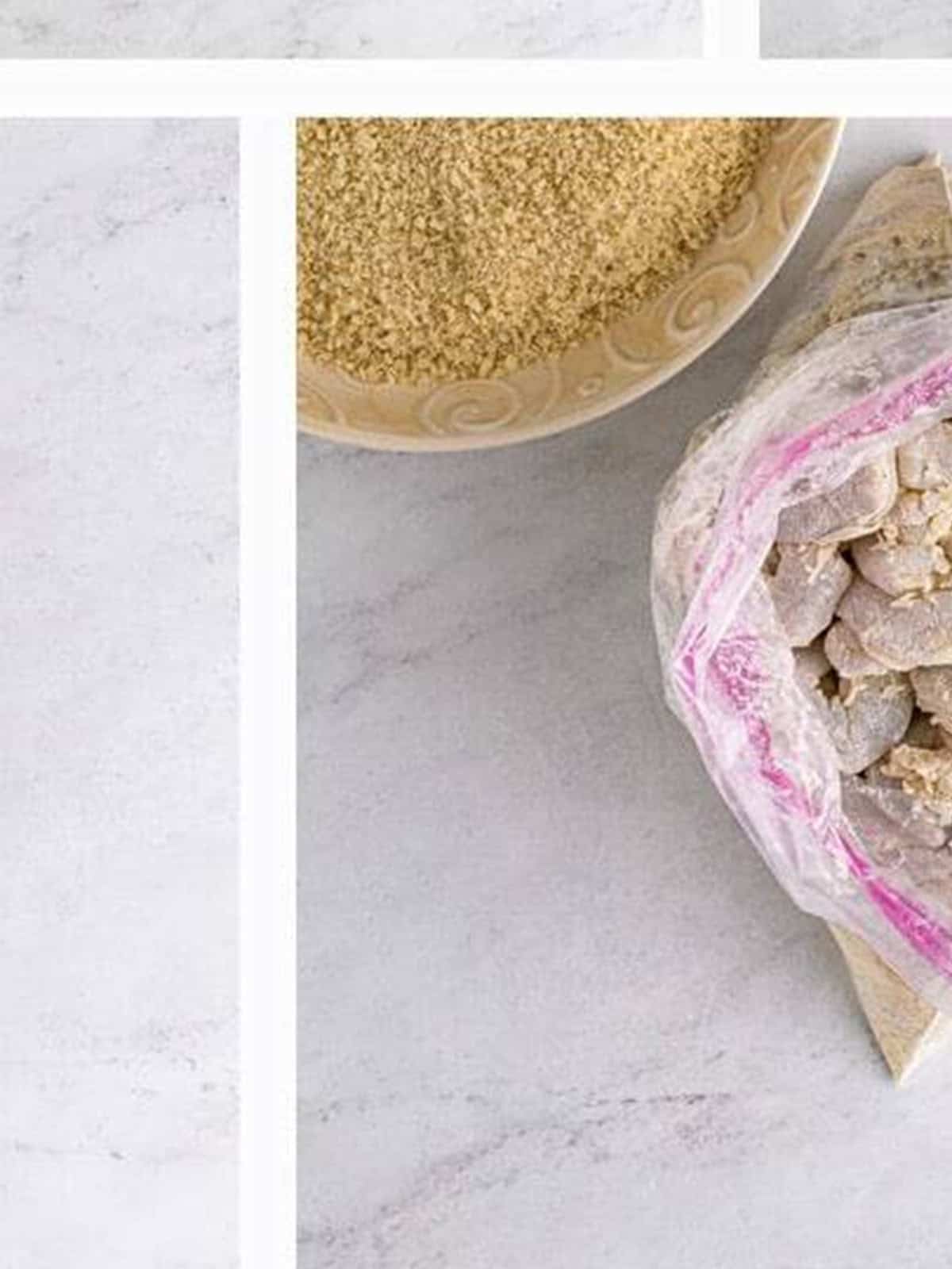 Shrimp coated in seasoned flour in a bag for fried shrimp recipe.