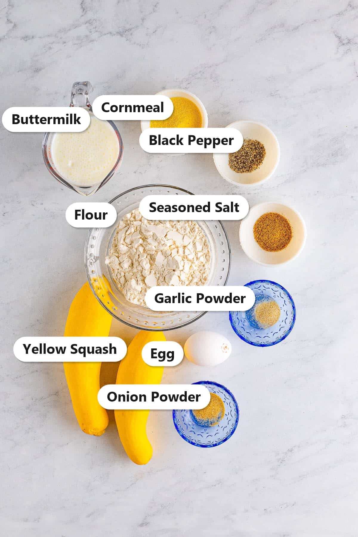 Fried squash ingredients labeled including yellow squash, flour, cornmeal, buttermilk, egg, seasoned salt, black pepper, garlic powder, and onion powder.