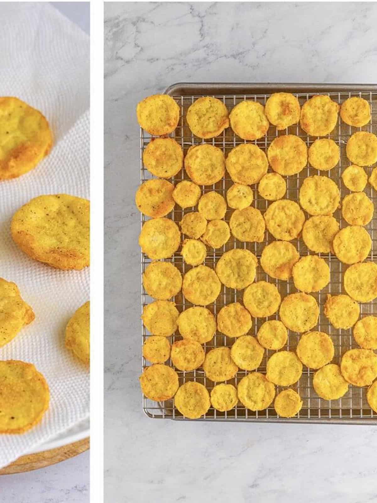 Crispy fried yellow squash draining on a wire rack over a baking sheet.