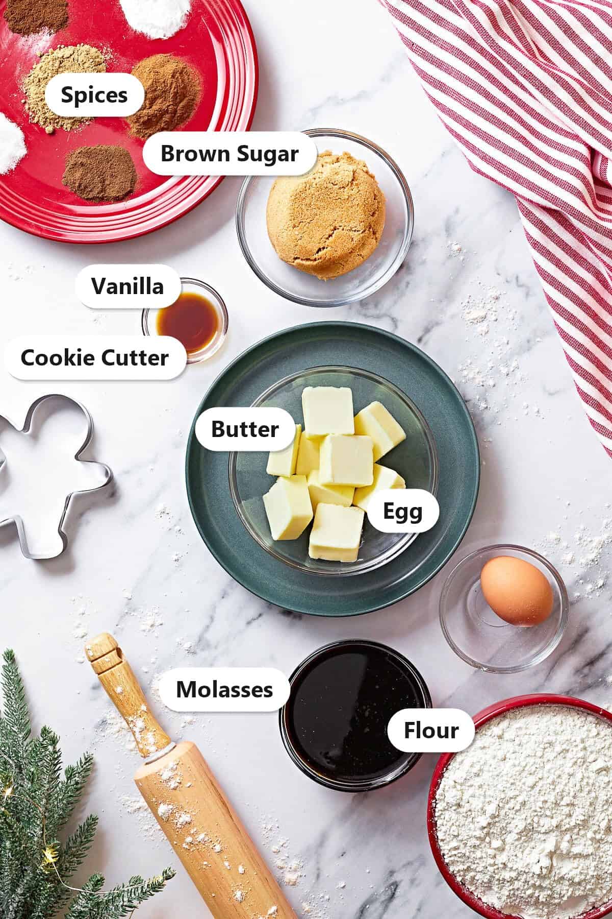 Labeled ingredients for gingerbread men including flour, spices, brown sugar, molasses, butter, egg, and vanilla with a cookie cutter.