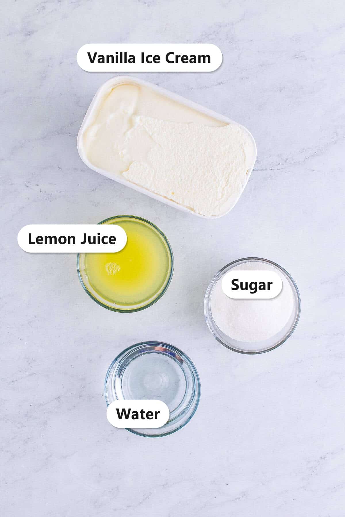 Labeled ingredients for copycat Chick-fil-A frosted lemonade including vanilla ice cream, fresh lemon juice, sugar, and water.