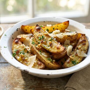 A bowl of garlic parmesan grilled potato wedges with parsley and grated parmesan.