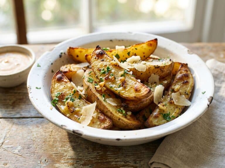 A bowl of garlic parmesan grilled potato wedges with parsley and grated parmesan.