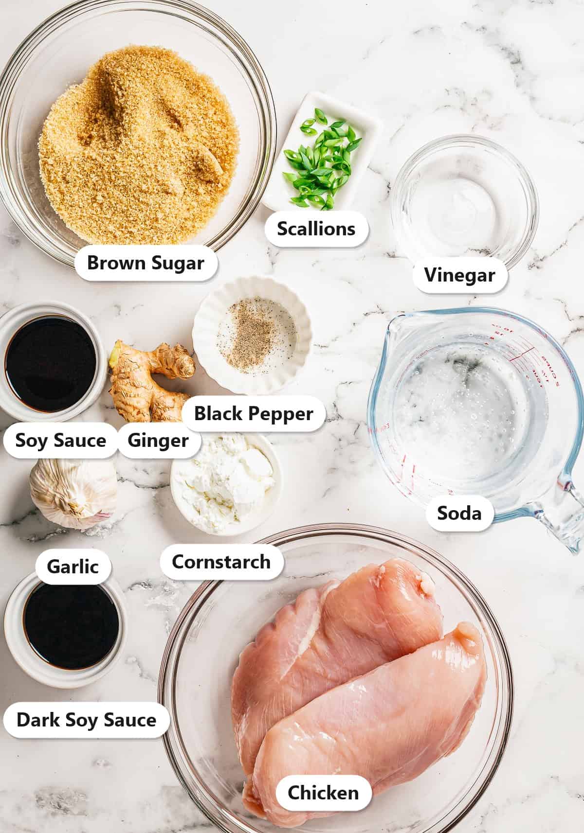 Labeled ingredients for slow cooker ginger chicken including chicken breasts, brown sugar, soy sauce, ginger, garlic, vinegar, lemon-lime soda, cornstarch, and scallions.