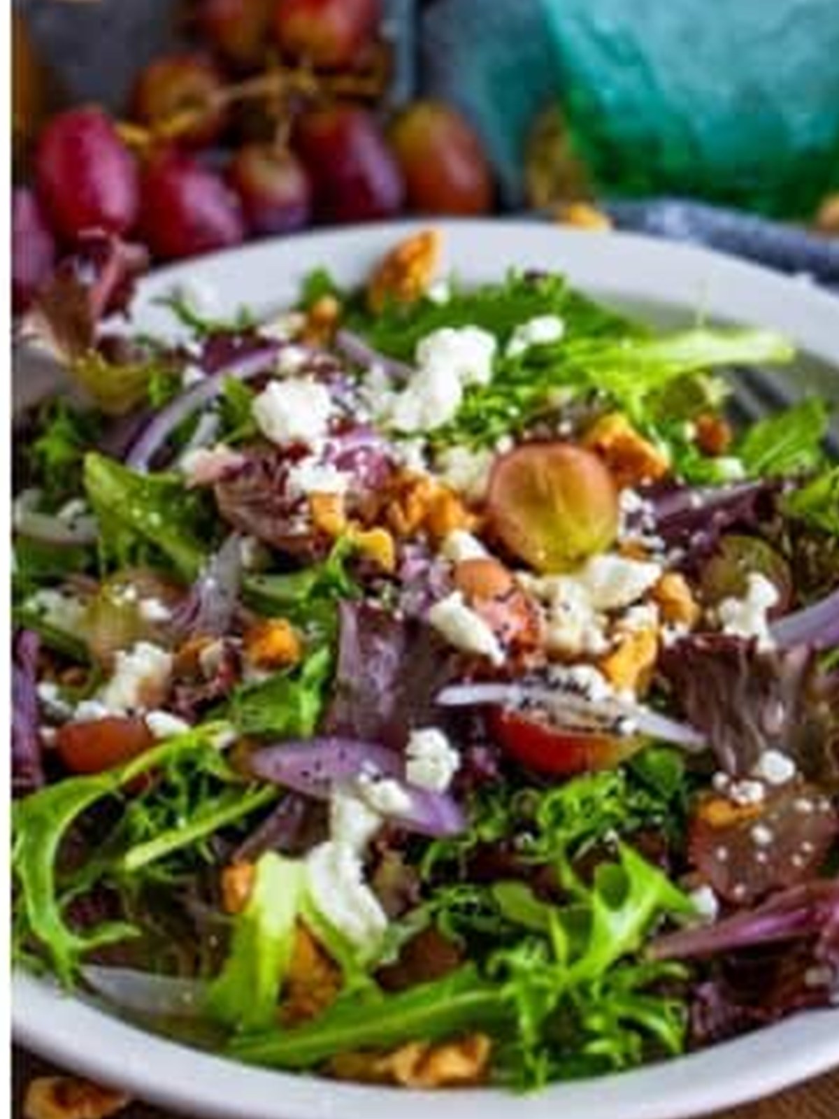 Tossed goat cheese salad with poppy seed dressing ready to serve.