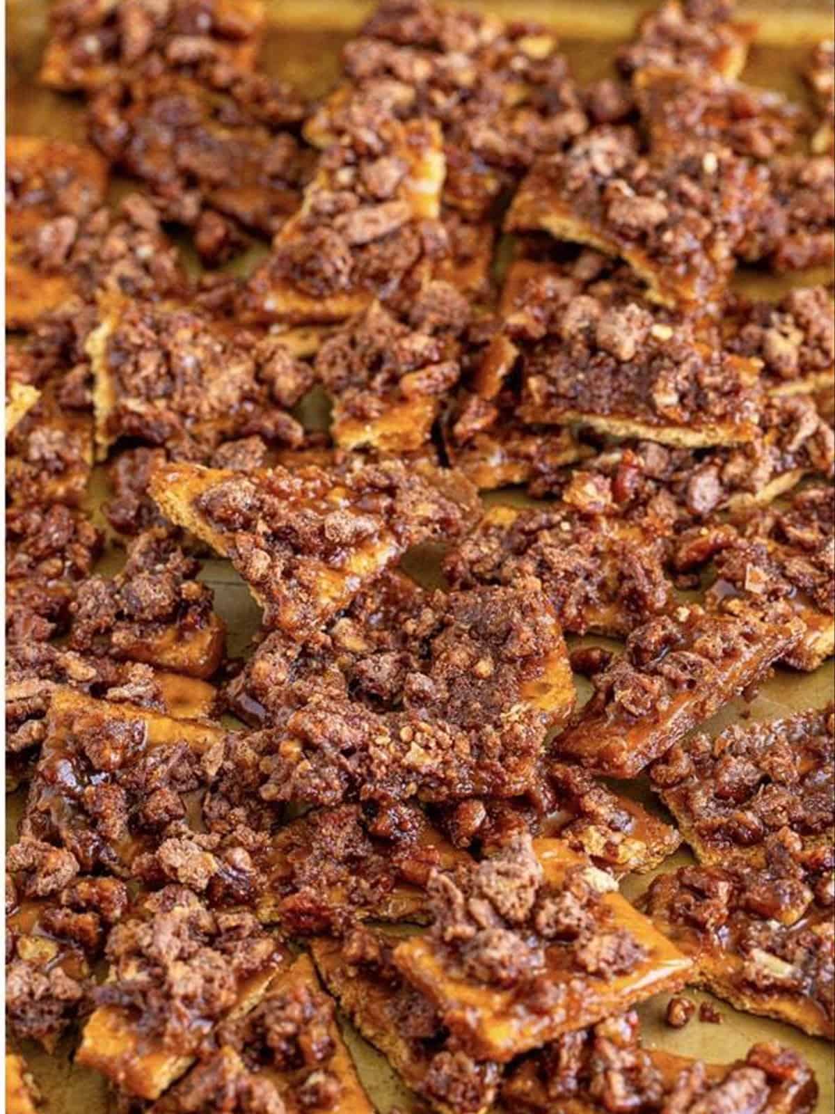 Baked graham cracker toffee broken into pieces.