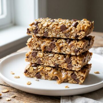 A stack of thick gooey no-bake granola bars with oats and chocolate chips on a white plate.