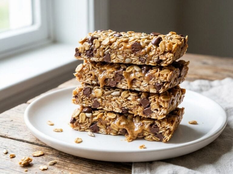 A stack of thick gooey no-bake granola bars with oats and chocolate chips on a white plate.