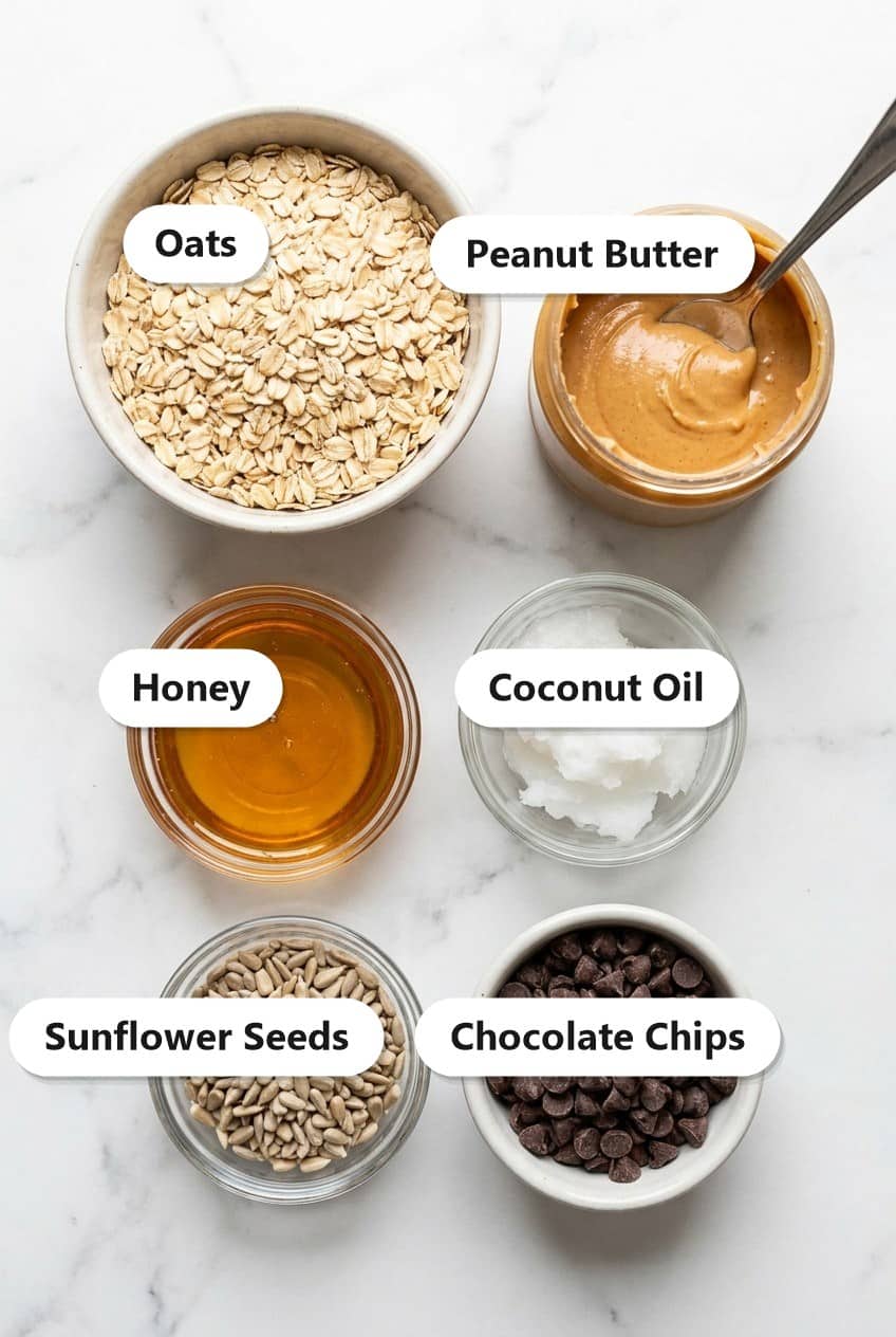 Labeled ingredients for no-bake granola bars including oats, peanut butter, honey, coconut oil, sunflower seeds, and chocolate chips.