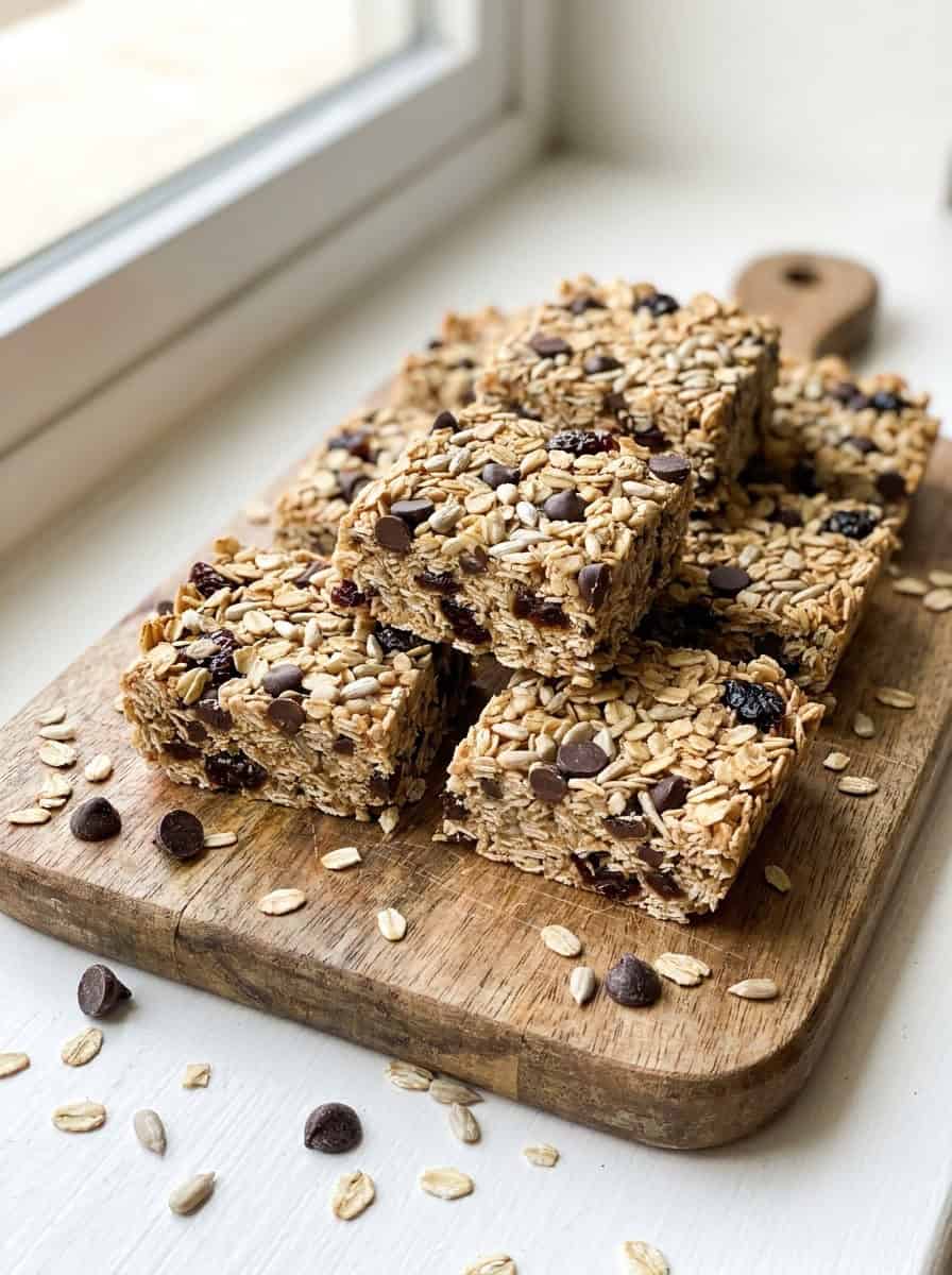 No-bake granola bars cut into neat squares stacked on a wooden board.