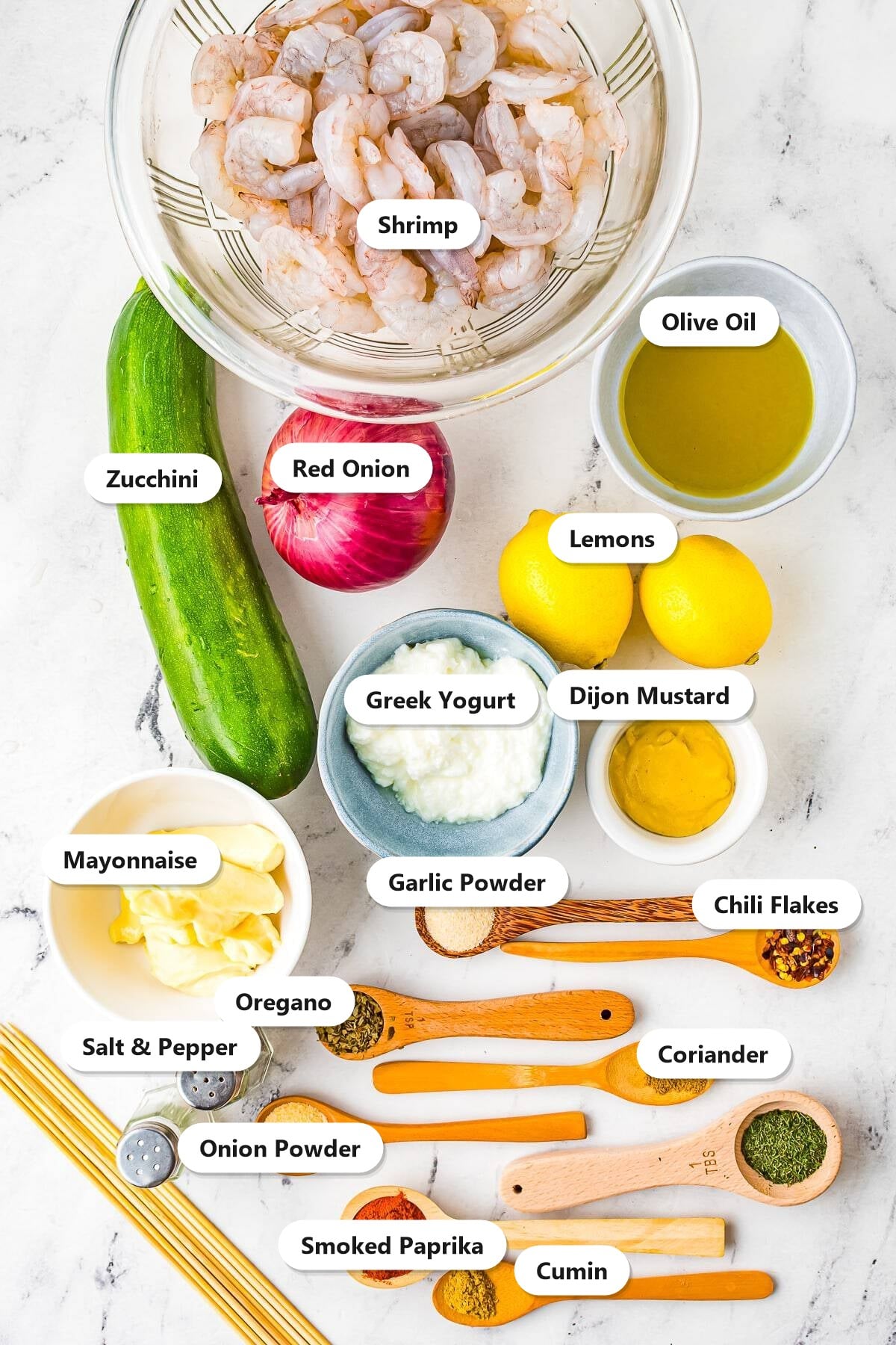 Grilled shrimp skewers ingredients labeled including shrimp, zucchini, red onion, lemon, olive oil, and spices.