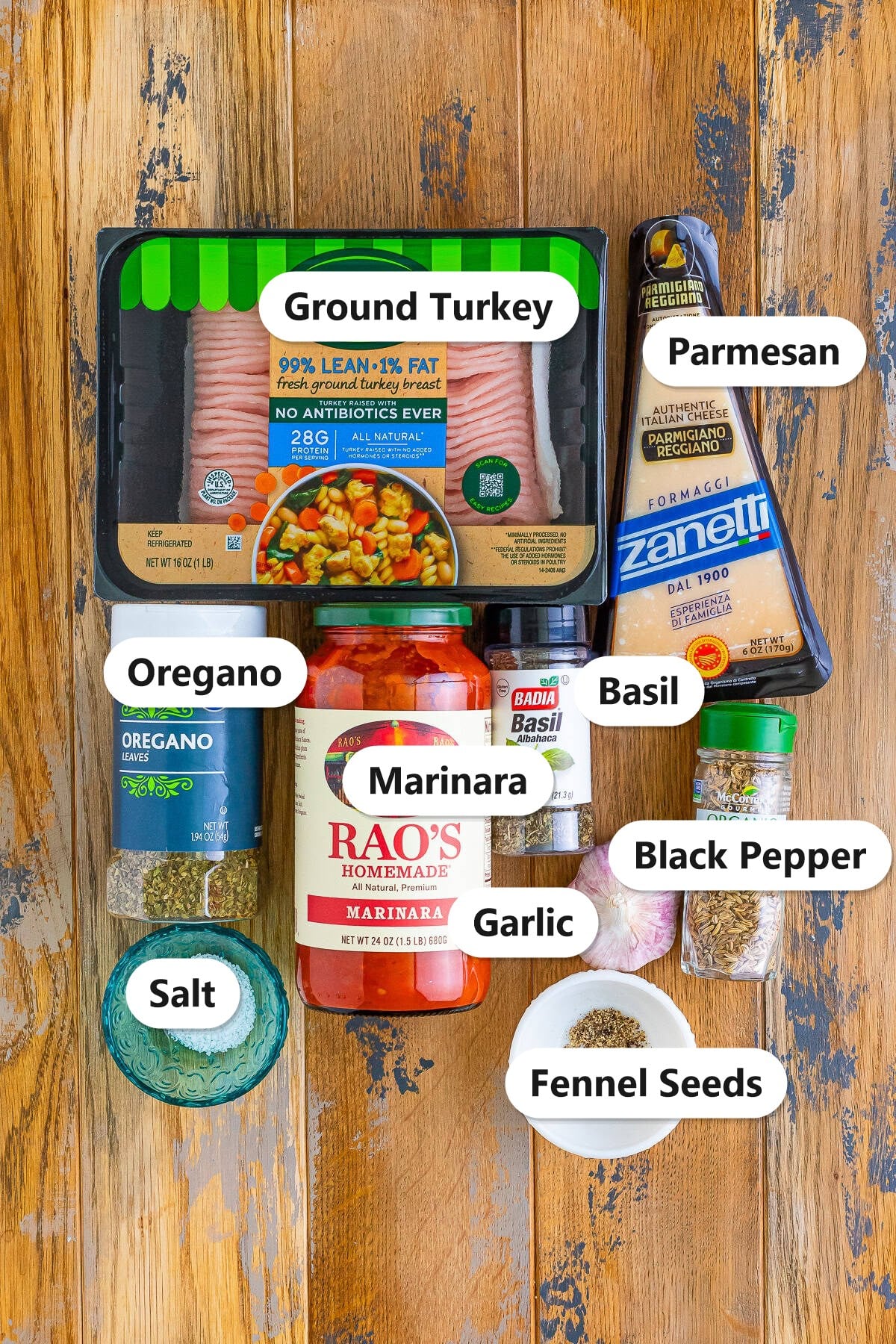 Labeled ingredients for ground turkey meat sauce including ground turkey, marinara, parmesan, garlic, fennel seeds, oregano, basil, salt, and pepper.