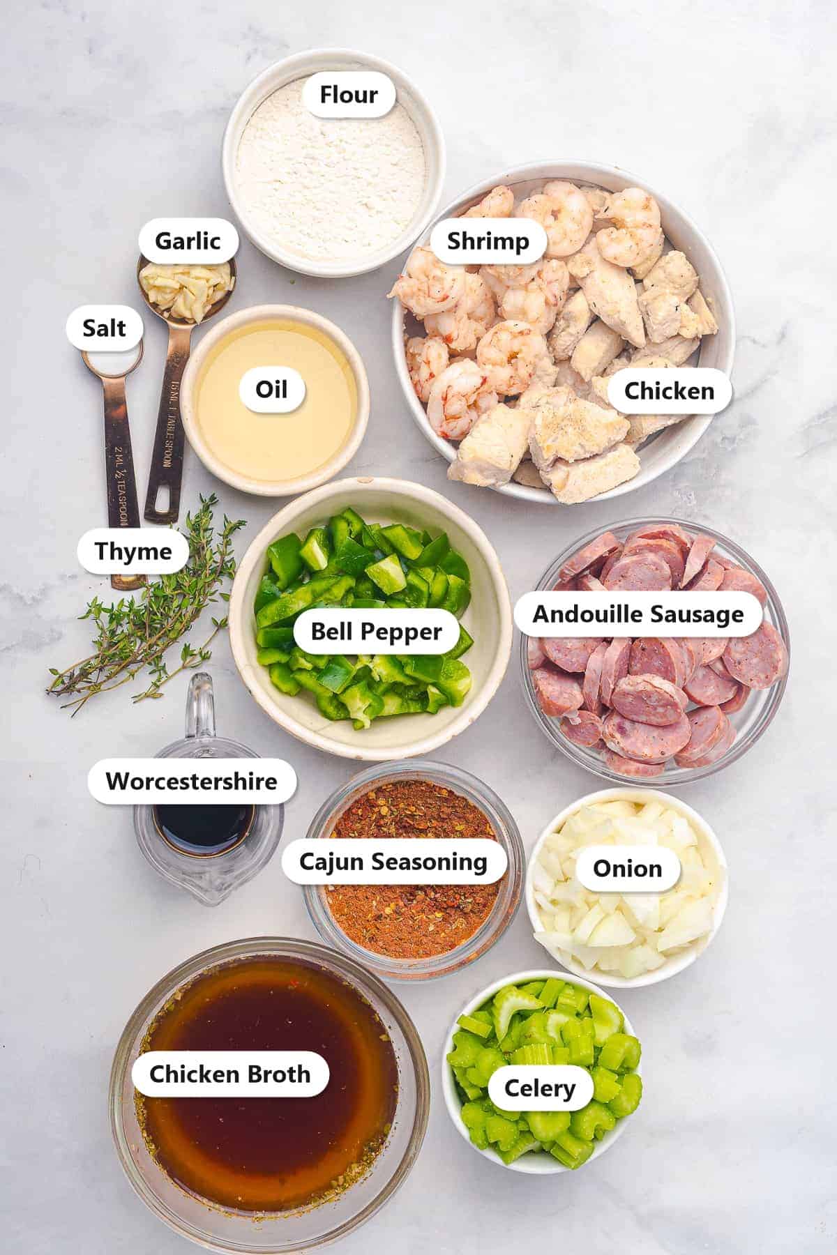 Labeled gumbo recipe ingredients including flour, andouille sausage, shrimp, chicken, the holy trinity, Cajun seasoning, and chicken broth.
