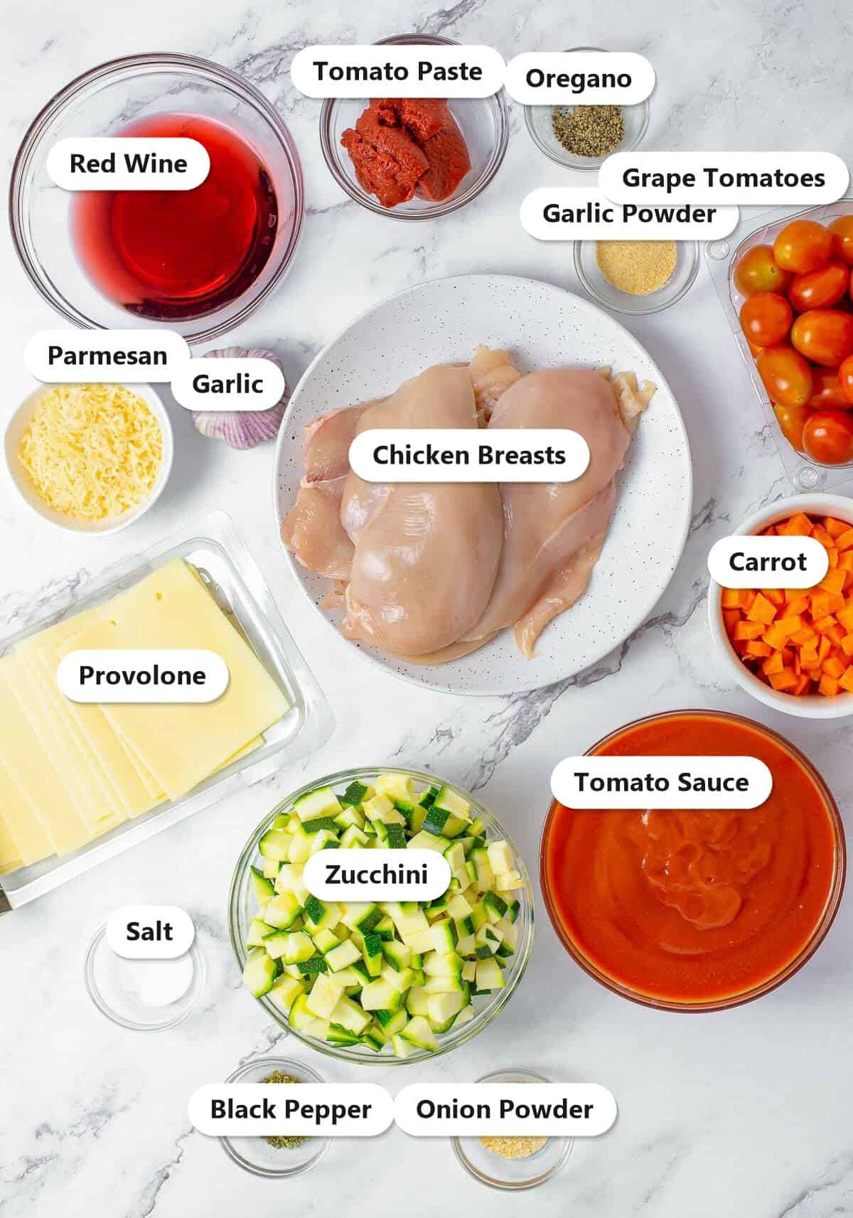 Labeled ingredients for healthy chicken parmesan including chicken breasts, zucchini, carrot, grape tomatoes, tomato sauce, provolone, and parmesan.