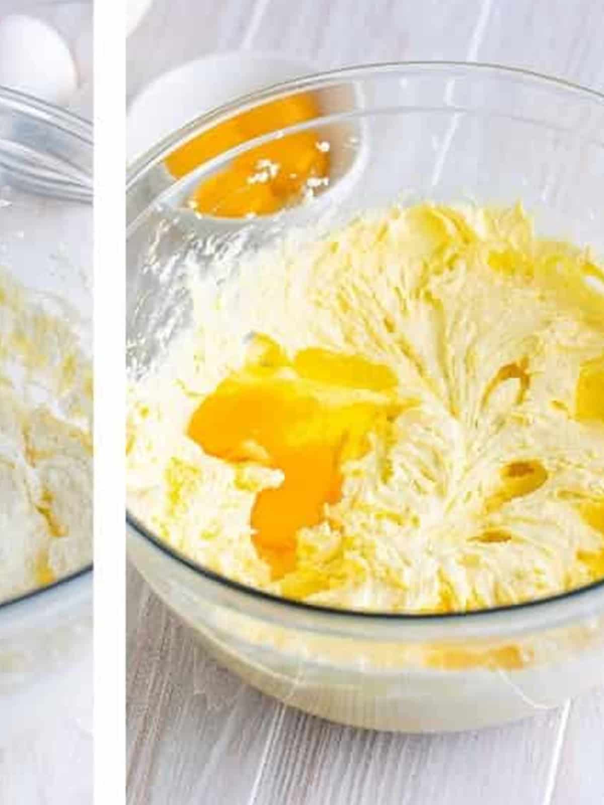 Creaming softened butter, oil, and sugar with eggs in a glass mixing bowl for birthday cupcakes.
