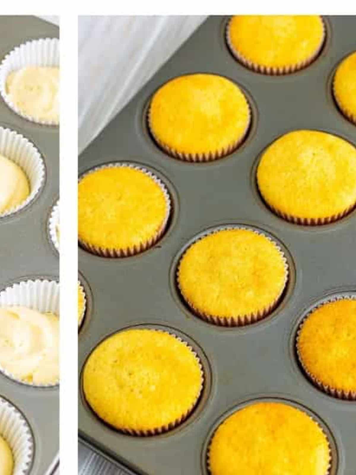 Golden baked birthday cupcakes cooling in the muffin tin.
