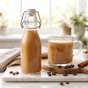 A glass bottle of homemade chocolate hazelnut coffee creamer beside a mug of coffee on a marble counter.