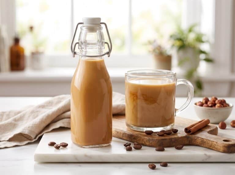 A glass bottle of homemade chocolate hazelnut coffee creamer beside a mug of coffee on a marble counter.