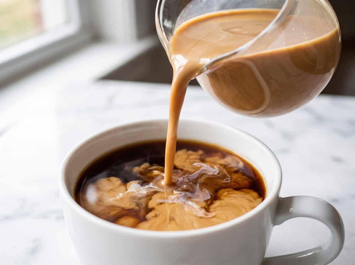 Homemade chocolate hazelnut coffee creamer being poured into a mug of black coffee.