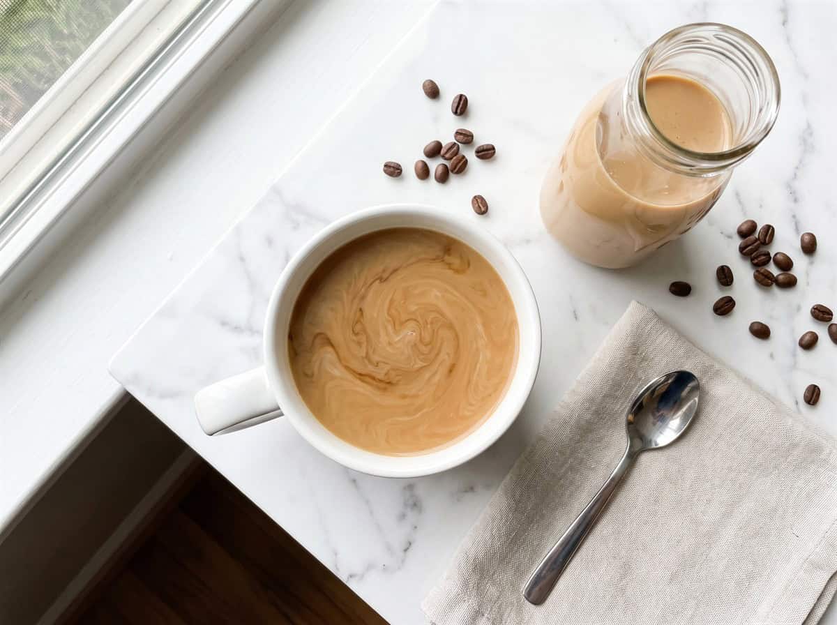 A mug of coffee lightened with homemade chocolate hazelnut coffee creamer next to the creamer bottle and a spoon.